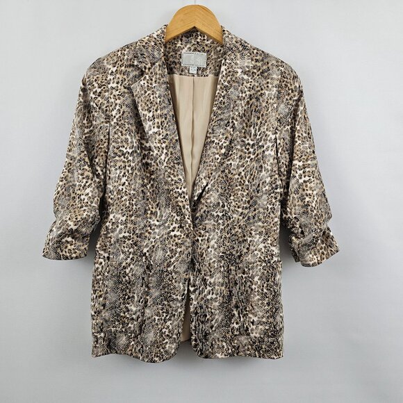Alberto Makali Blazer Leopard Print Jacket Size 4 Button Front Ruched 3/4 Sleeve - Picture 14 of 14
